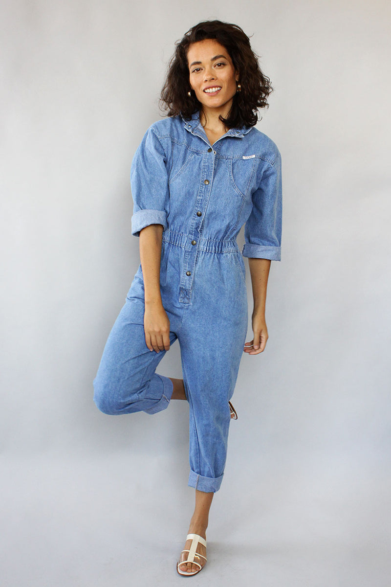 Modern Blue Pockets Zip Up Patchwork Denim Jumpsuit Fall in 2023