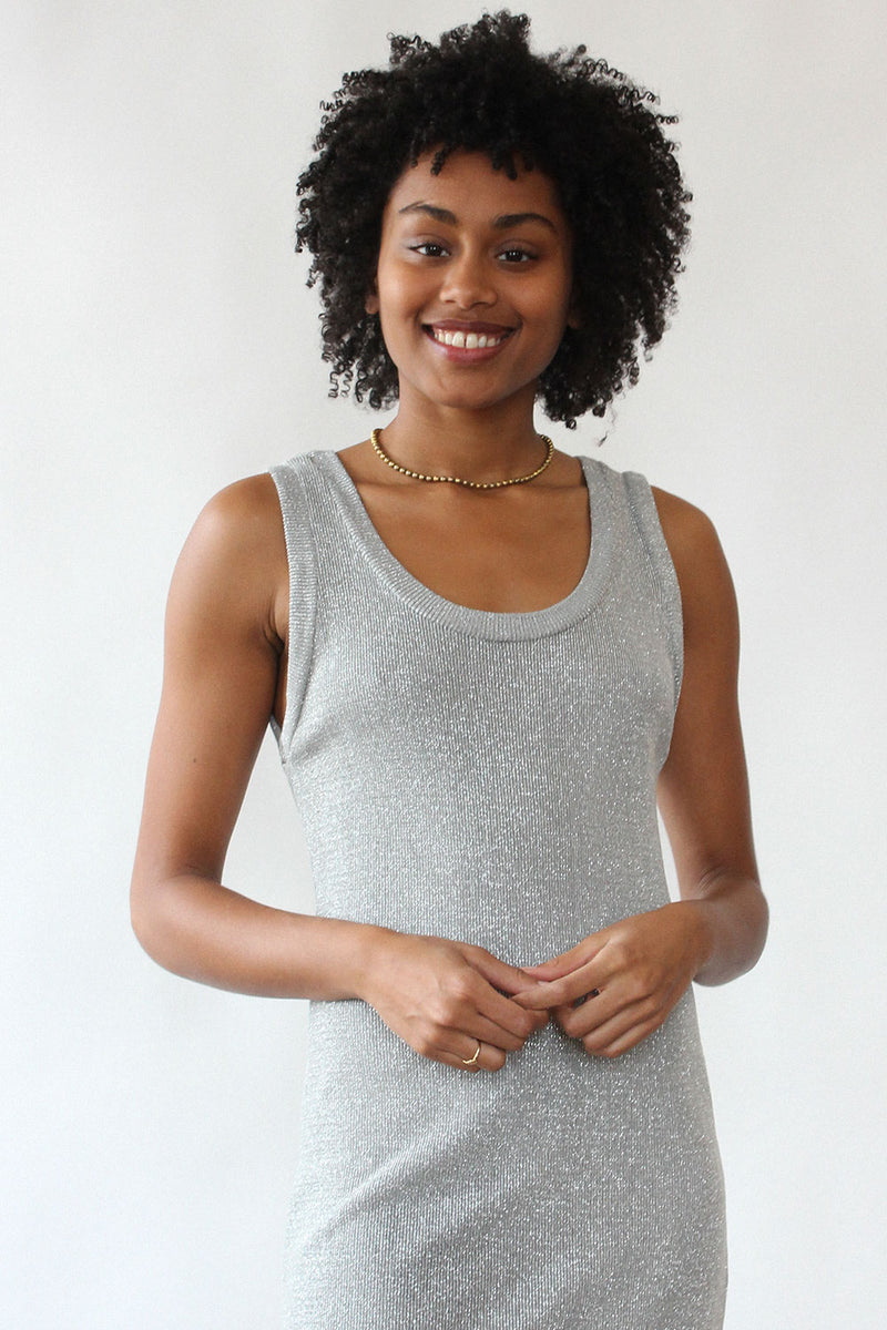 silver lurex maxi dress Elma Lurex Knit Halter Maxi Dress / Silver | MESHKI