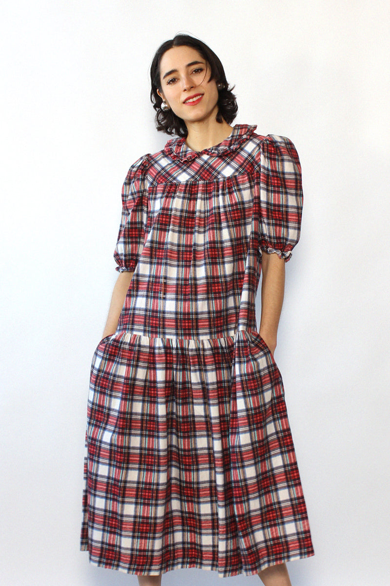 Flannel Puff Sleeve Smock Dress XS-M – OMNIA Flannel Puff Sleeve Smock Dress XS-M – OMNIA