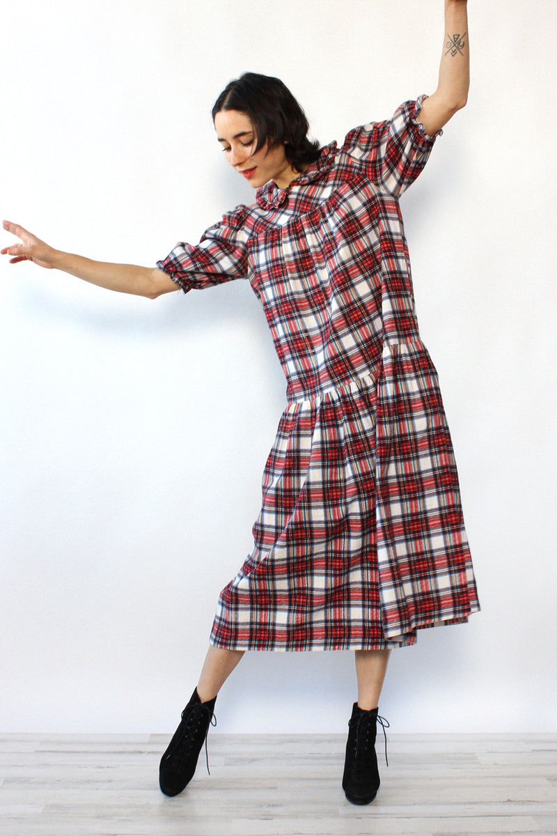Flannel Puff Sleeve Smock Dress XS-M – OMNIA Flannel Puff Sleeve Smock Dress XS-M – OMNIA