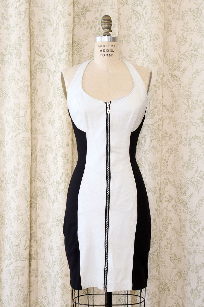 White Leather Black Bodycon Halter Dress M/L White Leather Black Bodycon Halter Dress M/L