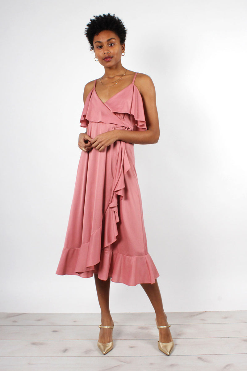 ruffle wrap dress Samantha Dress, in Champagne Luxe Satin | Show Me Your Mumu low hemline to show of your shoes with a gentle ruffle along the hem that goes all the way up the slit. Dusty Rose Wrap Dress With