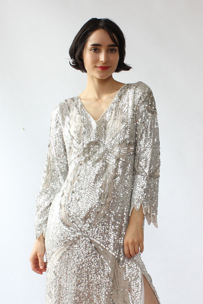 silver dress xs 1990's Y2K Silver Maxi Dress, XS to S | Metallic Crushed Velvet Backless Prom Dress