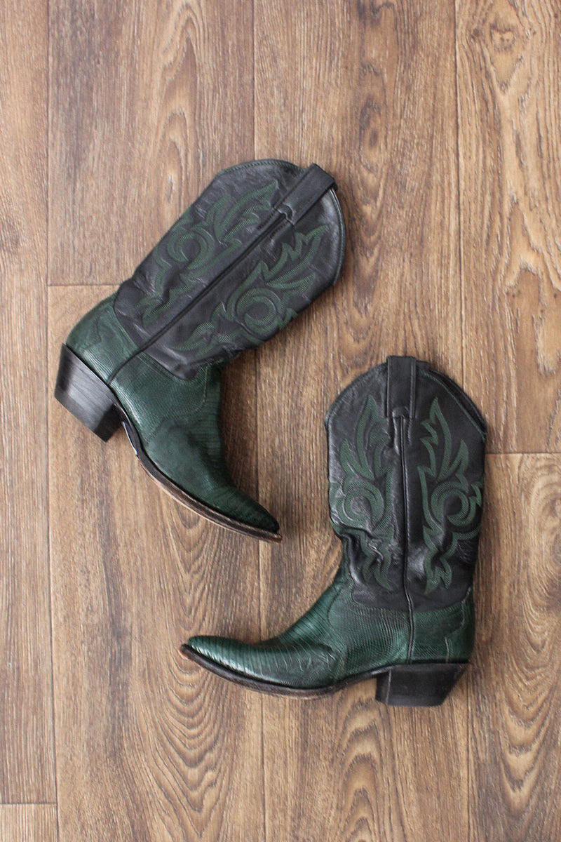 Dark green cowboy boots shop