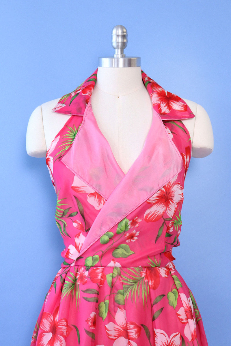 Hot Pink Hibiscus Halter Dress L OMNIA Hot Pink Hibiscus Halter Dress L OMNIA