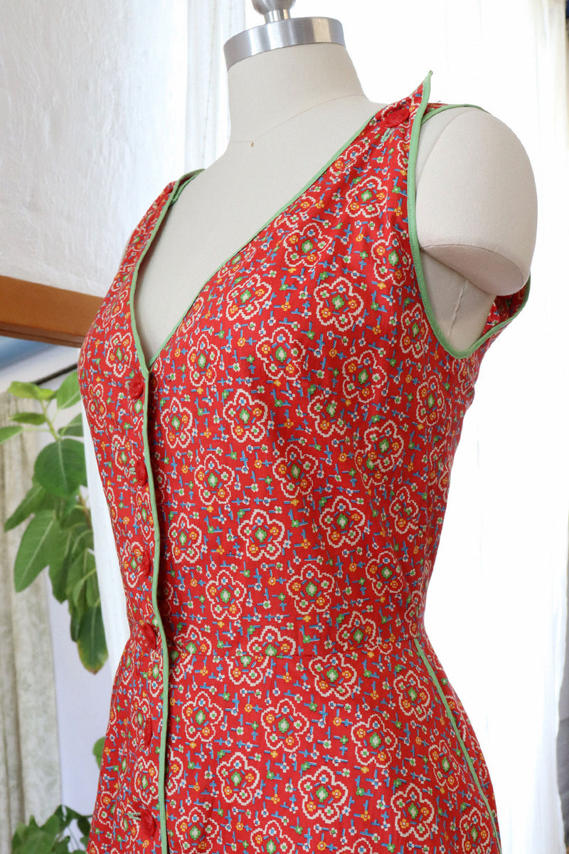 1930s Pixelated Folk Print Dress M-M/L