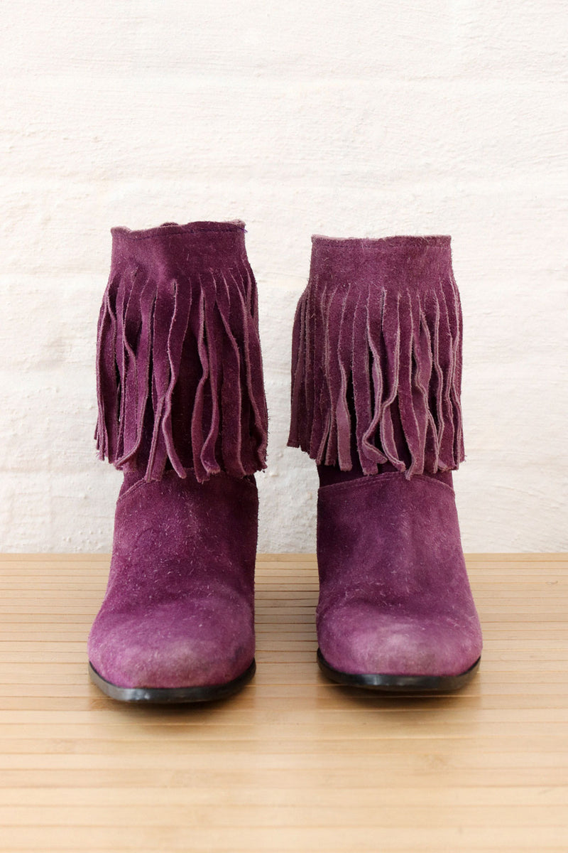 Purple Suede Fringe Booties 7-7.5