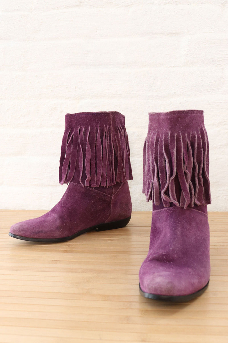 Purple Suede Fringe Booties 7-7.5