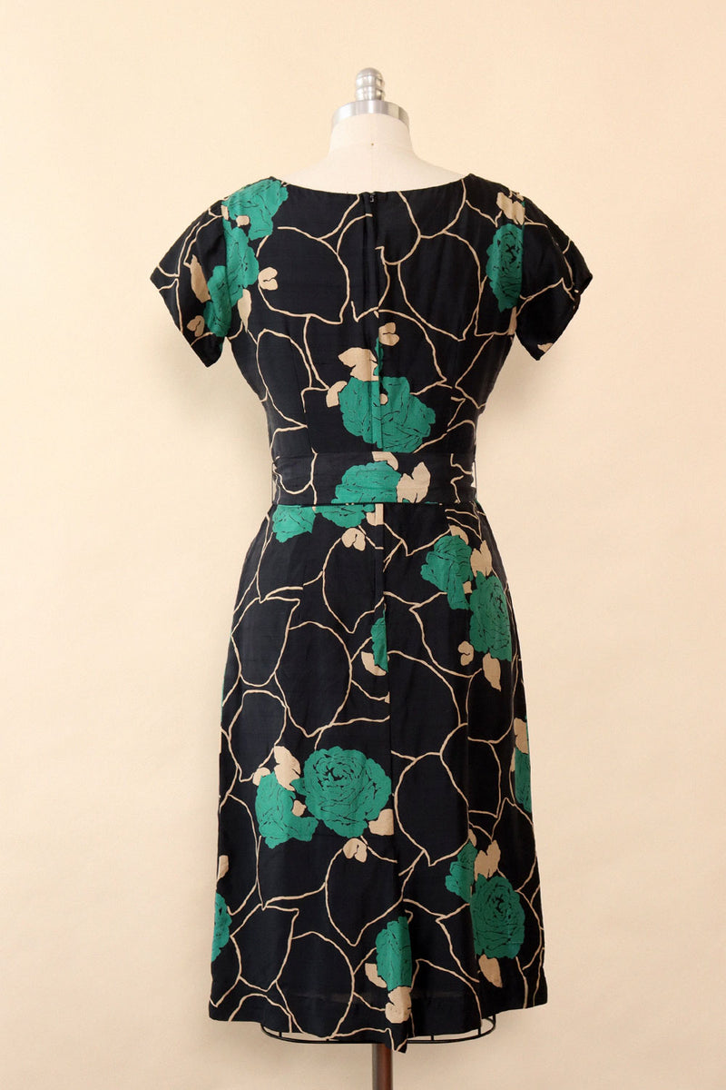 1950s Silk Bottle Green Floral Dress XS/S OMNIA 1950s Silk Bottle Green Floral Dress XS/S OMNIA