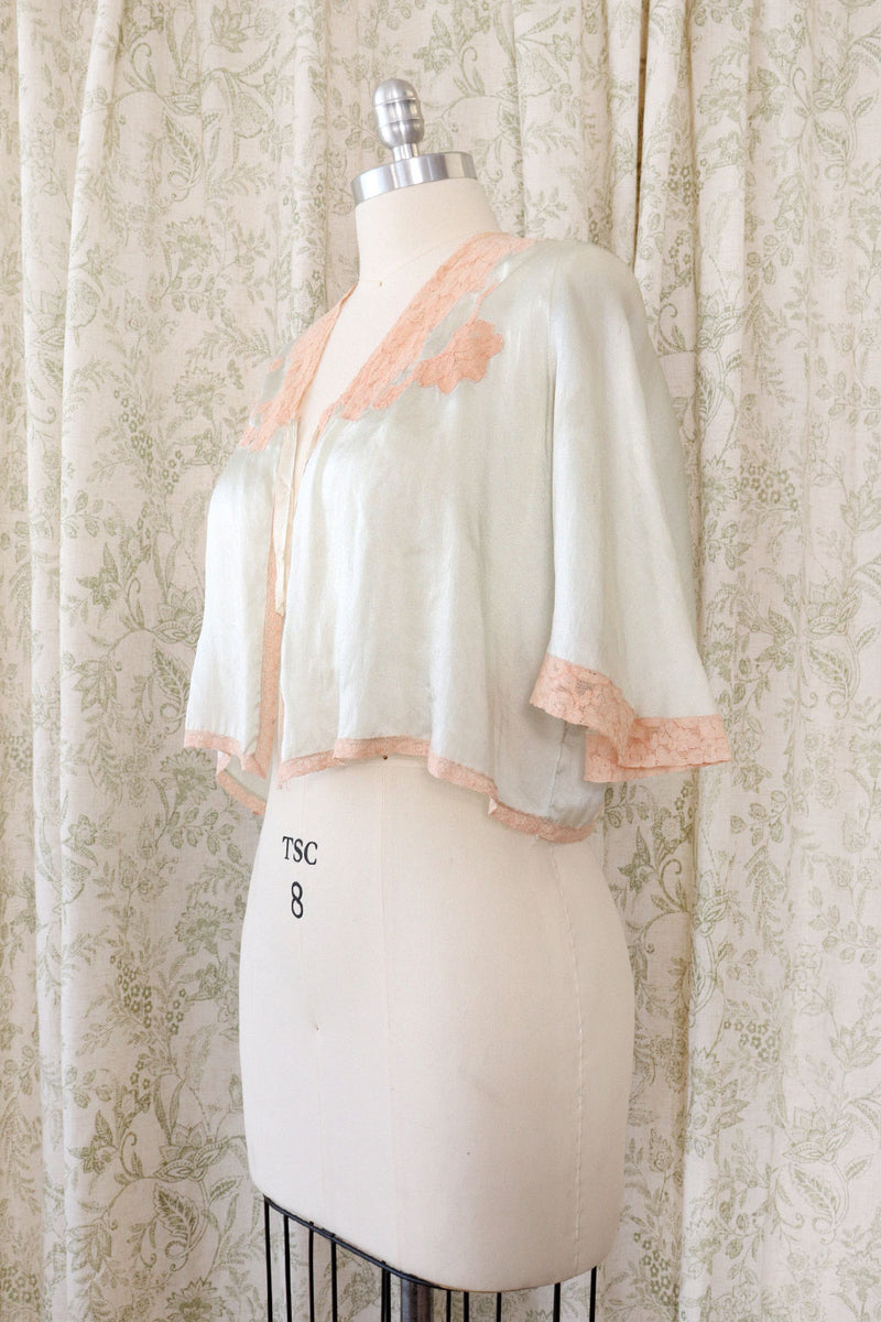 1920s Paleset Blue Silk Lace Bed Jacket XS-M