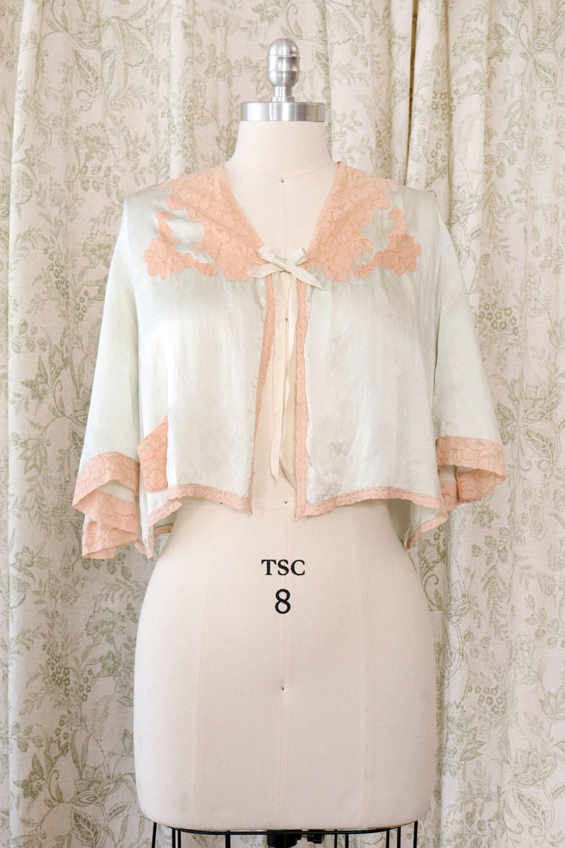 1920s Paleset Blue Silk Lace Bed Jacket XS-M