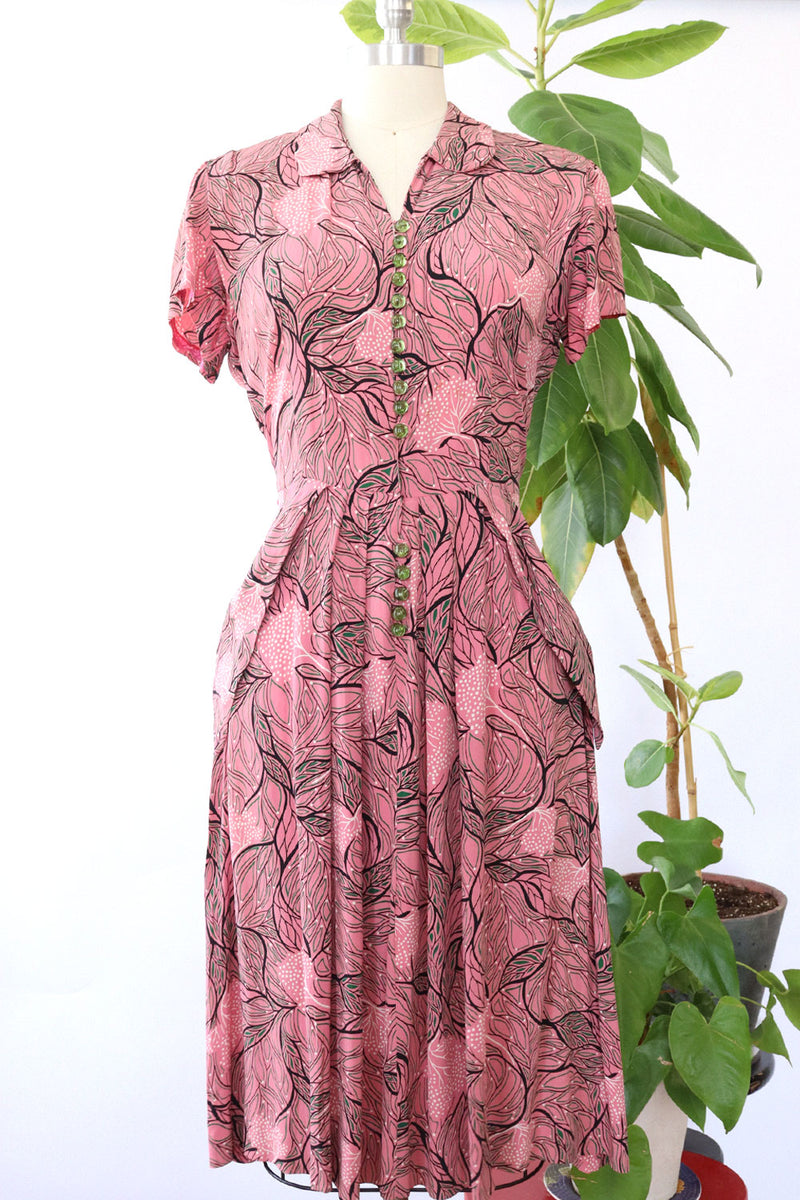 1940s Tree of Life Buttoned Rayon Dress M-M/L
