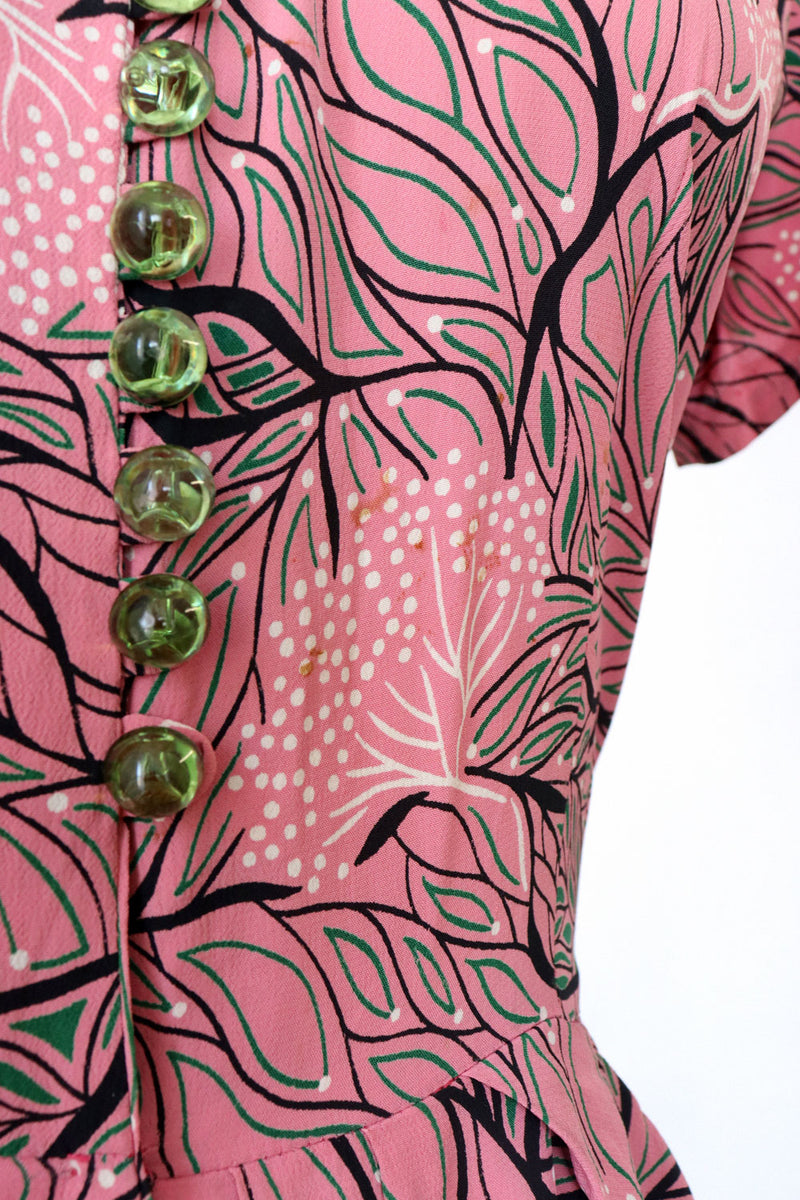 1940s Tree of Life Buttoned Rayon Dress M-M/L