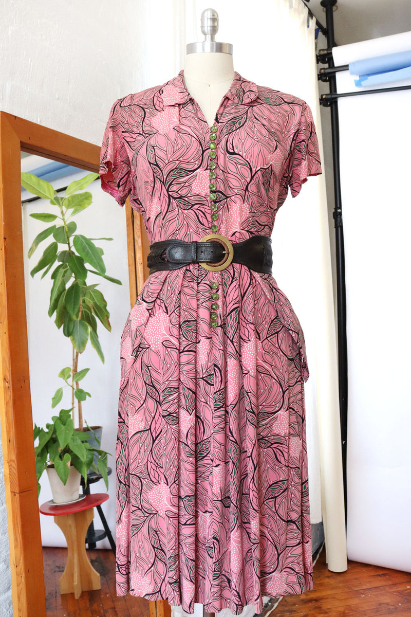 1940s Tree of Life Buttoned Rayon Dress M-M/L