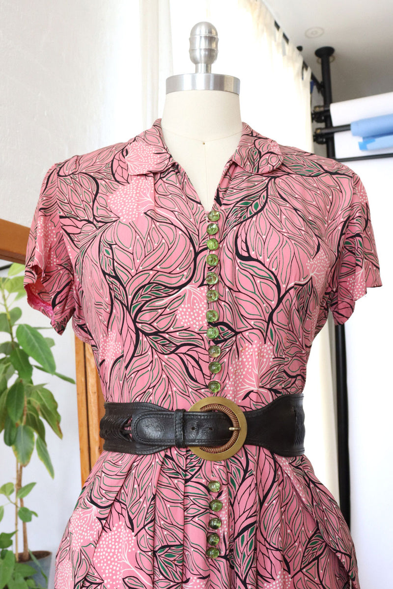 1940s Tree of Life Buttoned Rayon Dress M-M/L