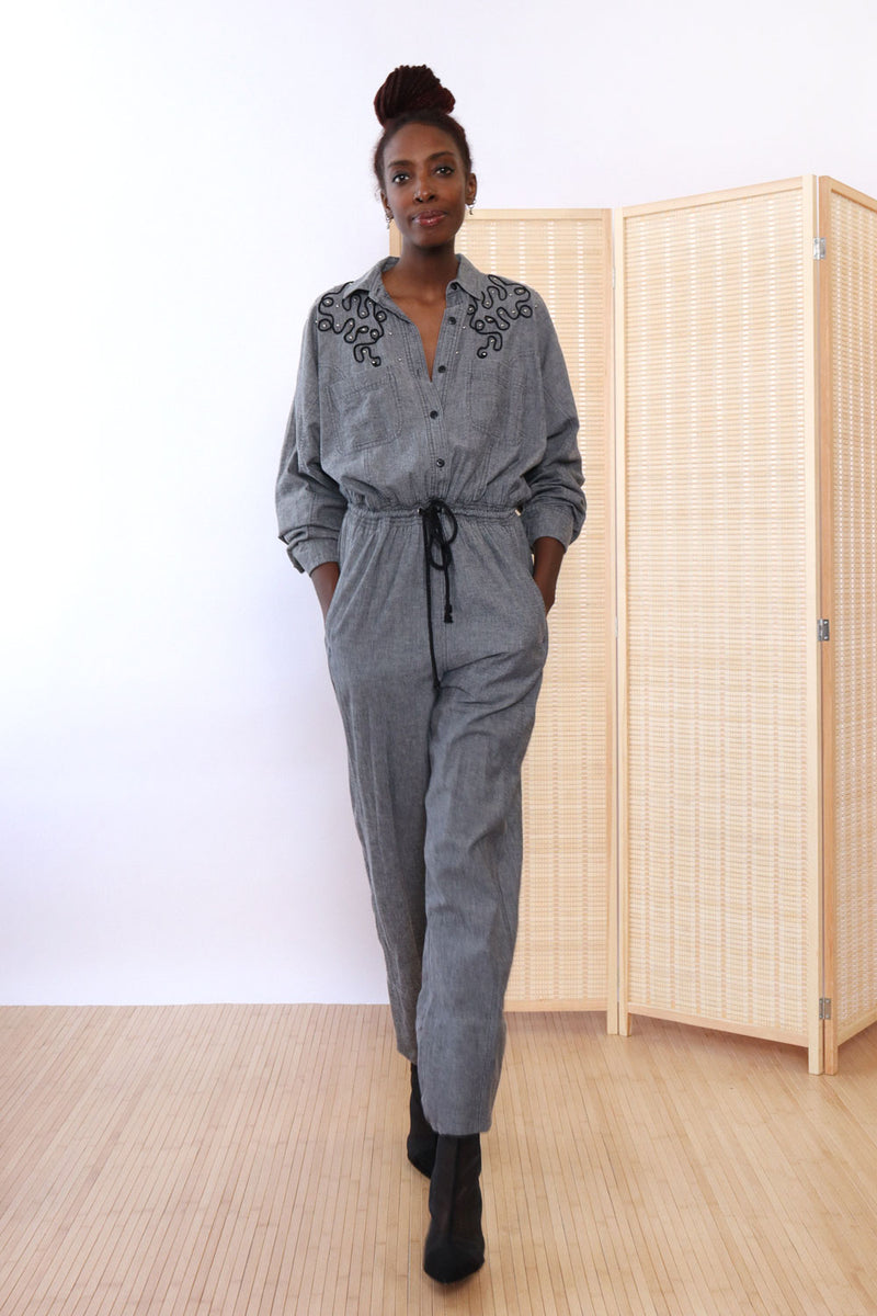 Gray Chambray Squiggle Coverall M/L