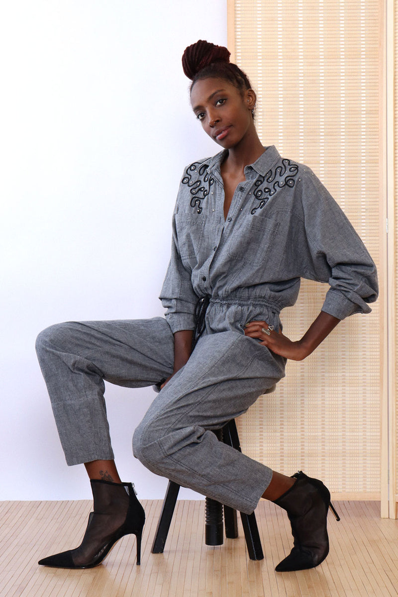 Gray Chambray Squiggle Coverall M/L