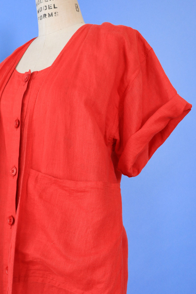 Tomato Red Linen Pocket Dress/Duster XS-M