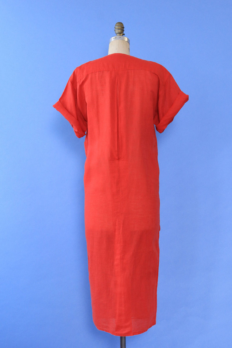 Tomato Red Linen Pocket Dress/Duster XS-M