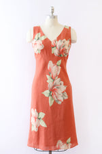 Coral Floral Linen Silk Dress S-S/M