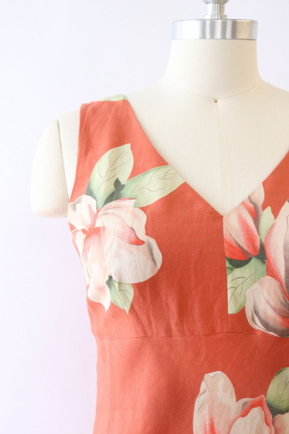 Coral Floral Linen Silk Dress S-S/M