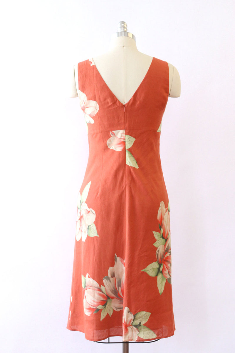 Coral Floral Linen Silk Dress S-S/M