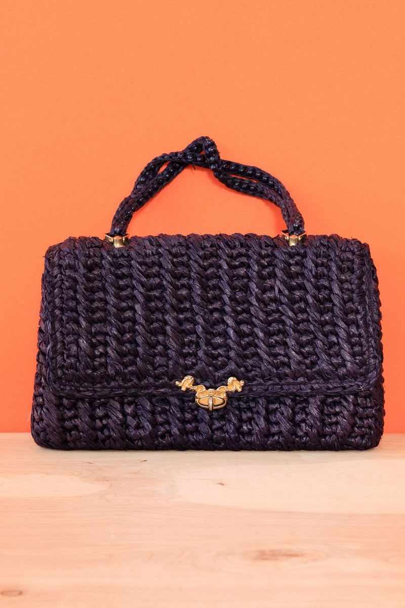 Navy Blue Raffia Handbag