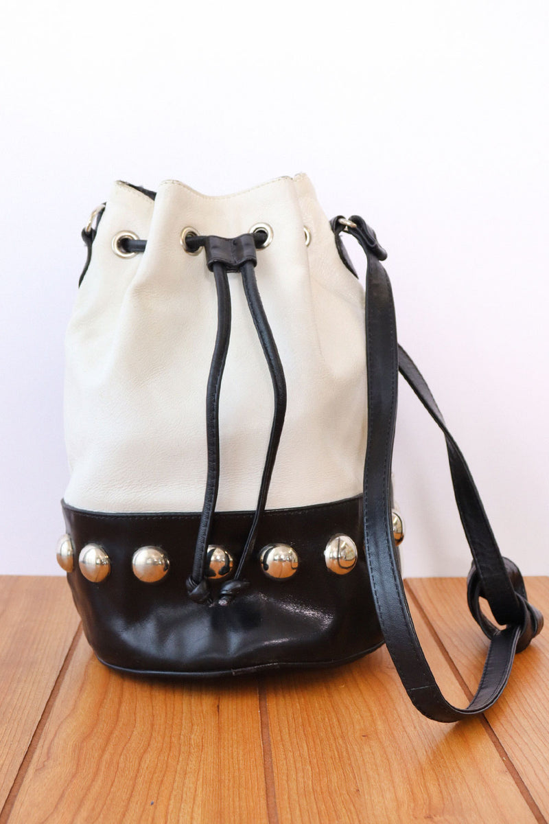 Contrast Studded Leather Bucket Bag
