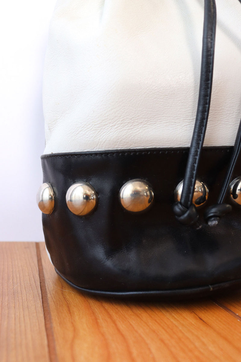 Contrast Studded Leather Bucket Bag