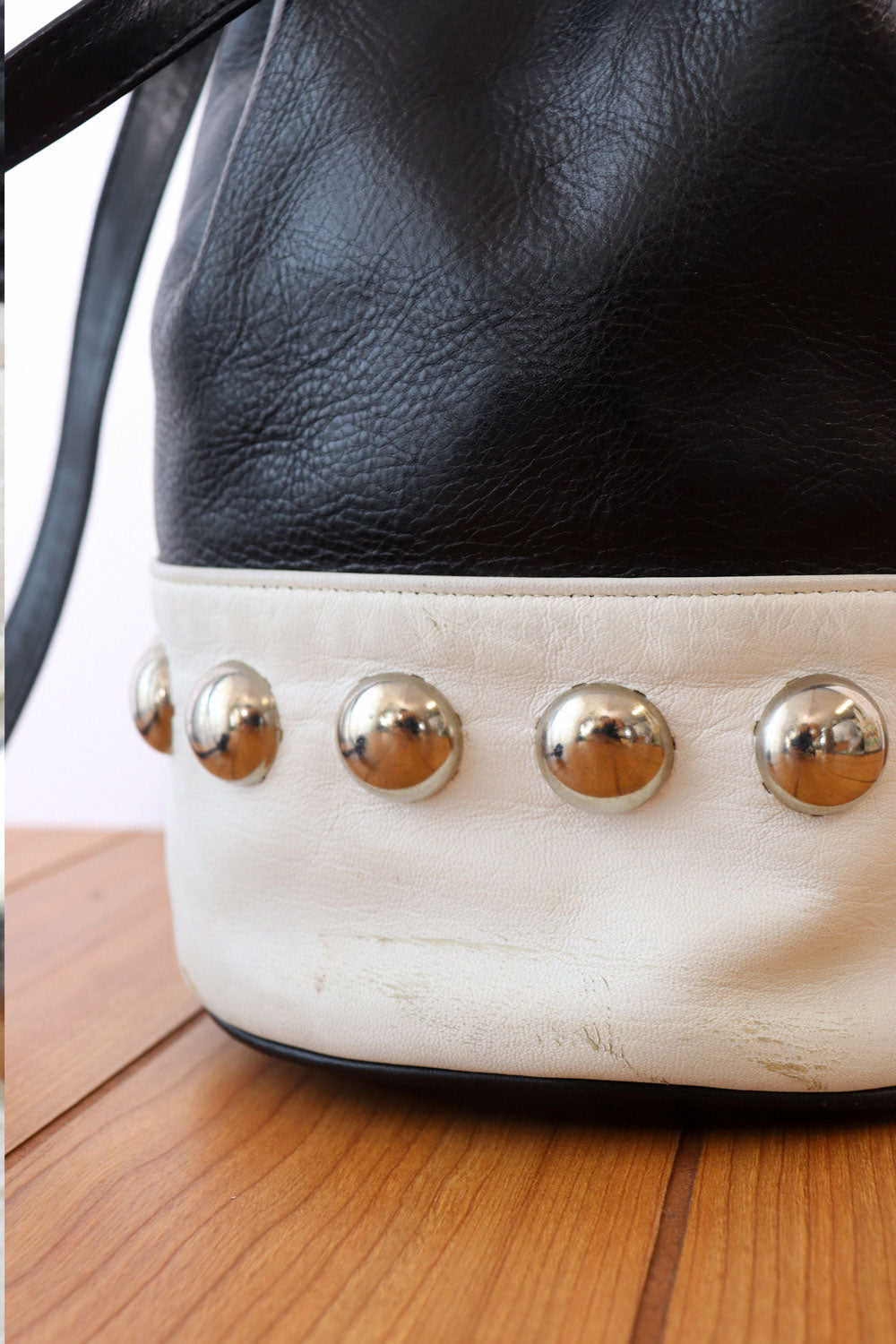 Contrast Studded Leather Bucket Bag