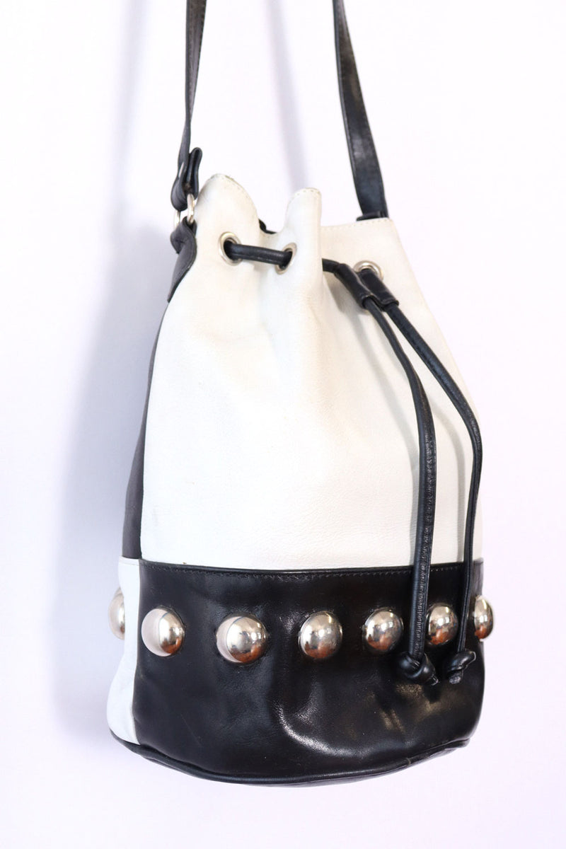 Contrast Studded Leather Bucket Bag