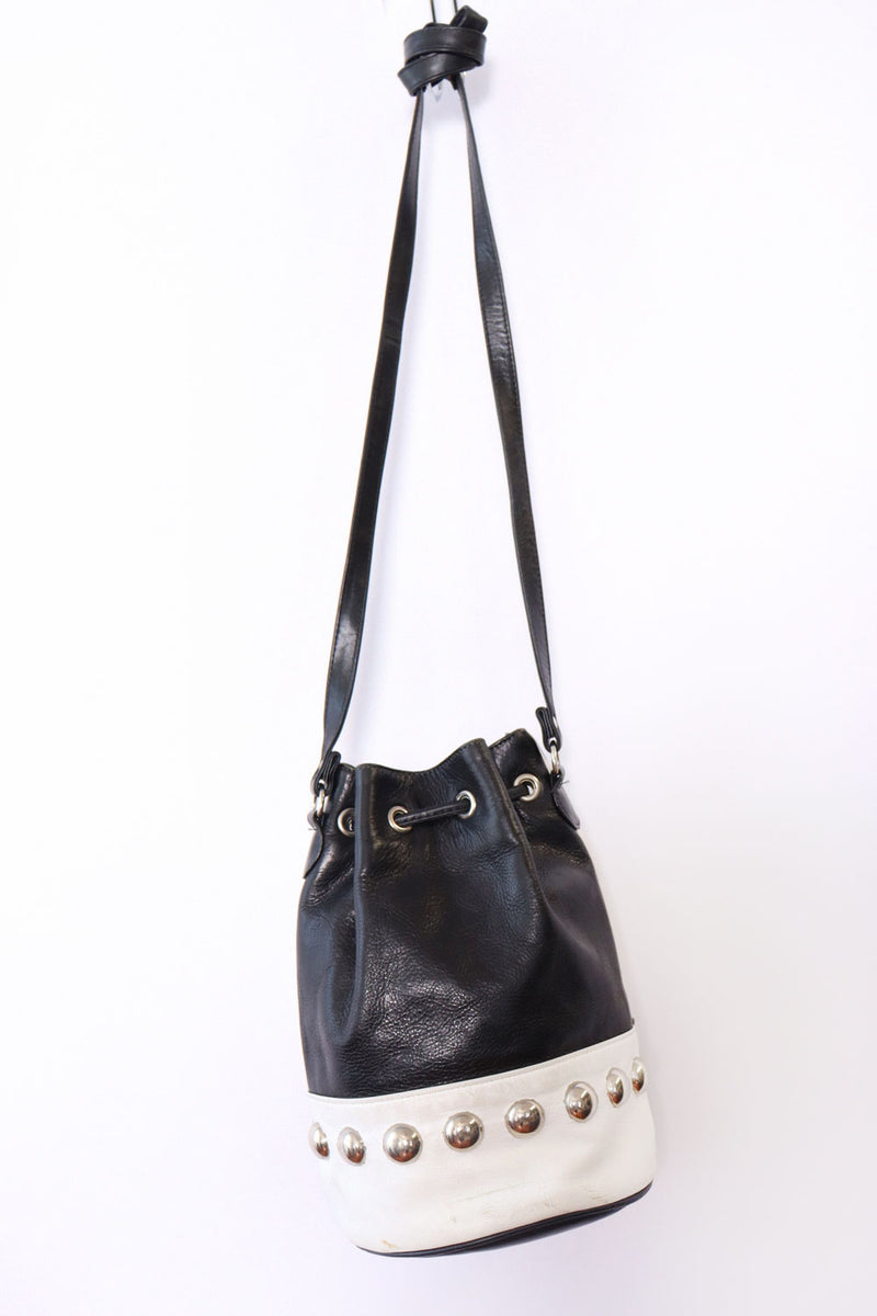 Contrast Studded Leather Bucket Bag
