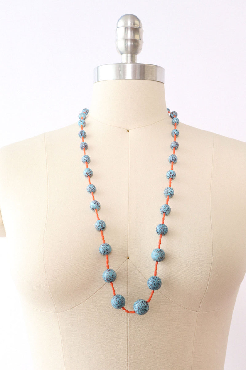 Turquoise Glass & Coral Bead Necklace