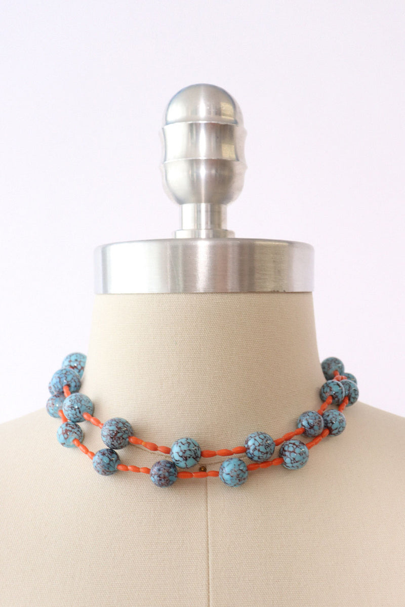 Turquoise Glass & Coral Bead Necklace