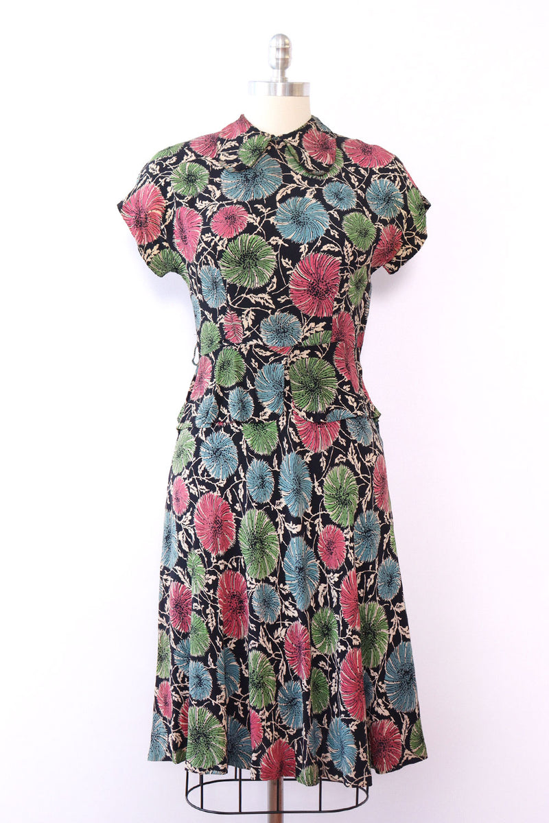 1940s Mum Rayon Crepe Peplum Dress XS/S