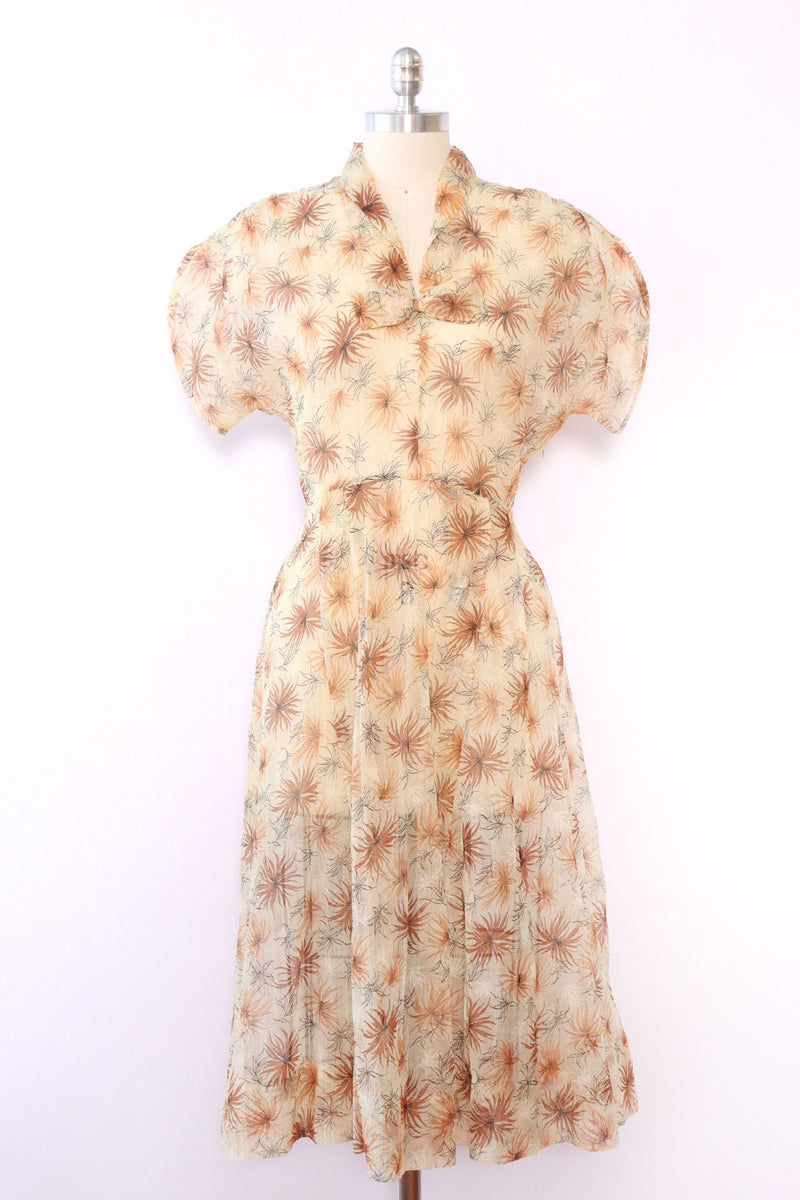 1940s Sheer Sepia Floral Dress M/L