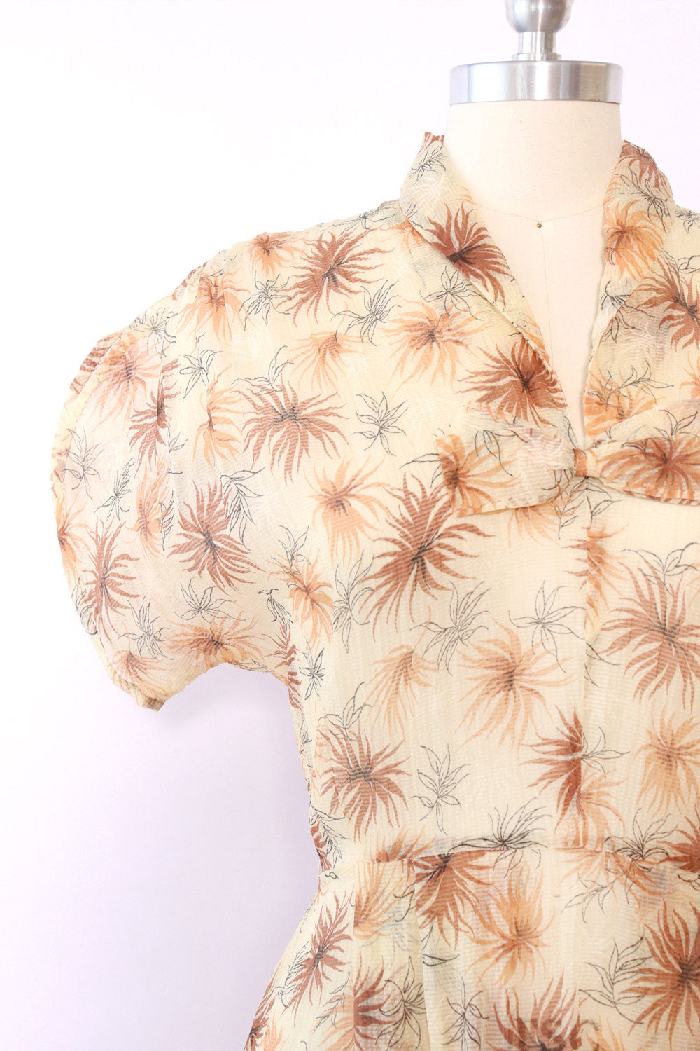 1940s Sheer Sepia Floral Dress M/L