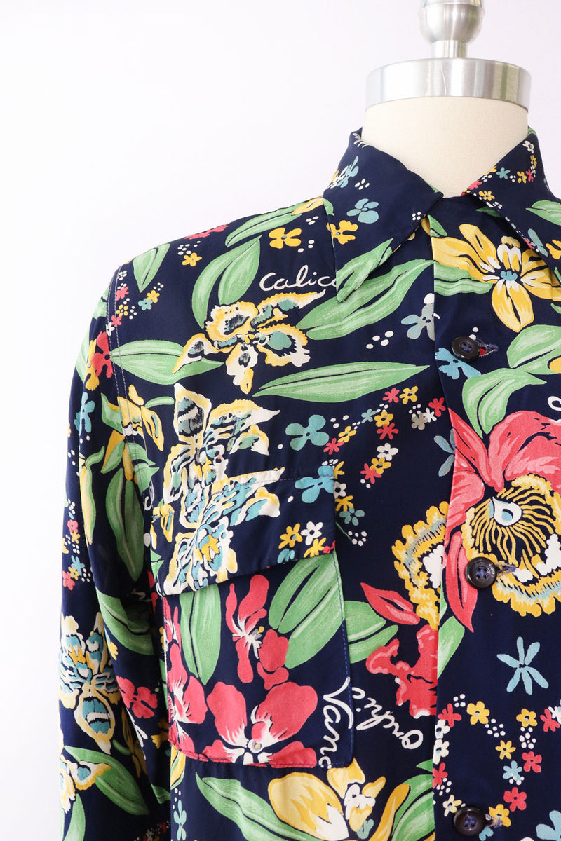 1940s Cold Rayon Botanical Buttondown M
