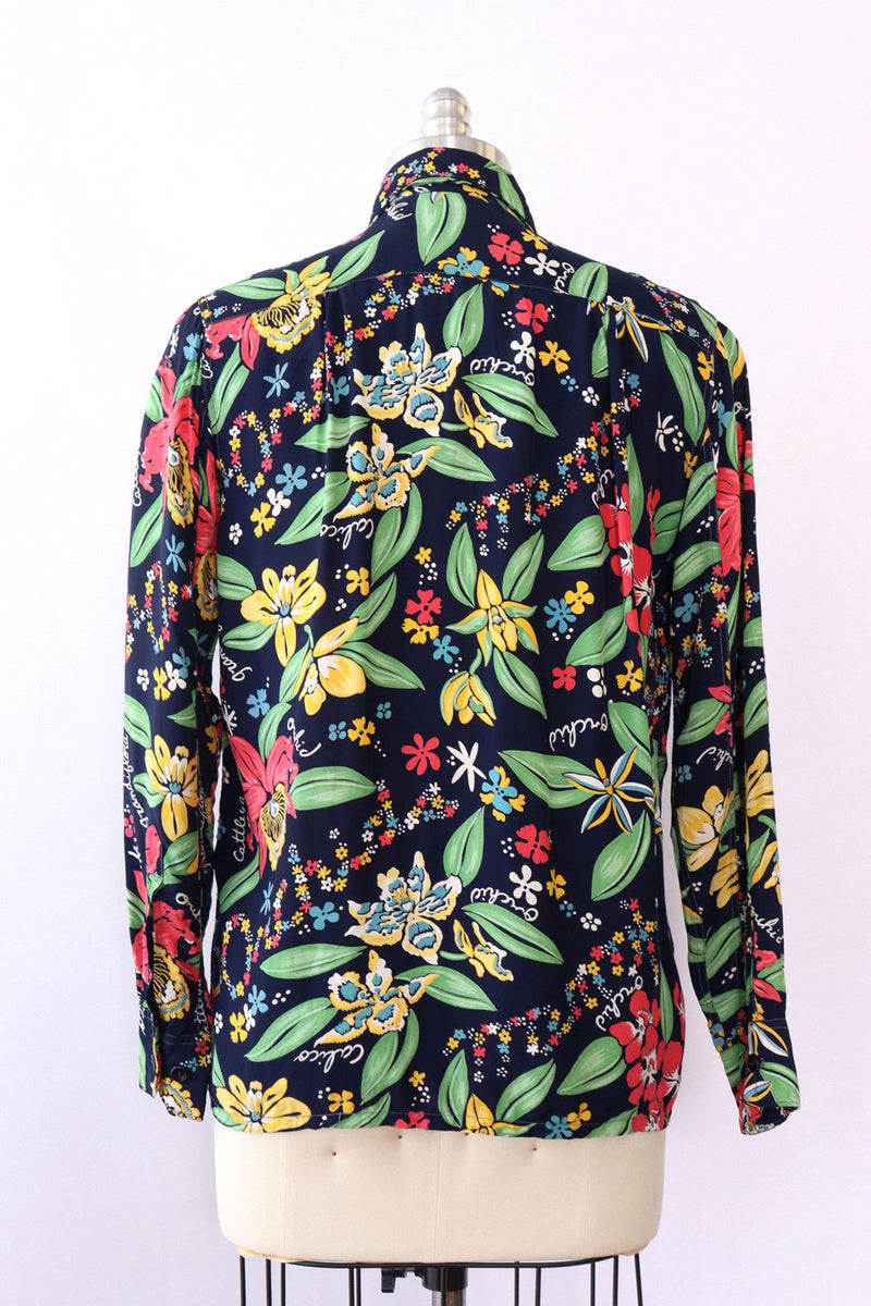 1940s Cold Rayon Botanical Buttondown M