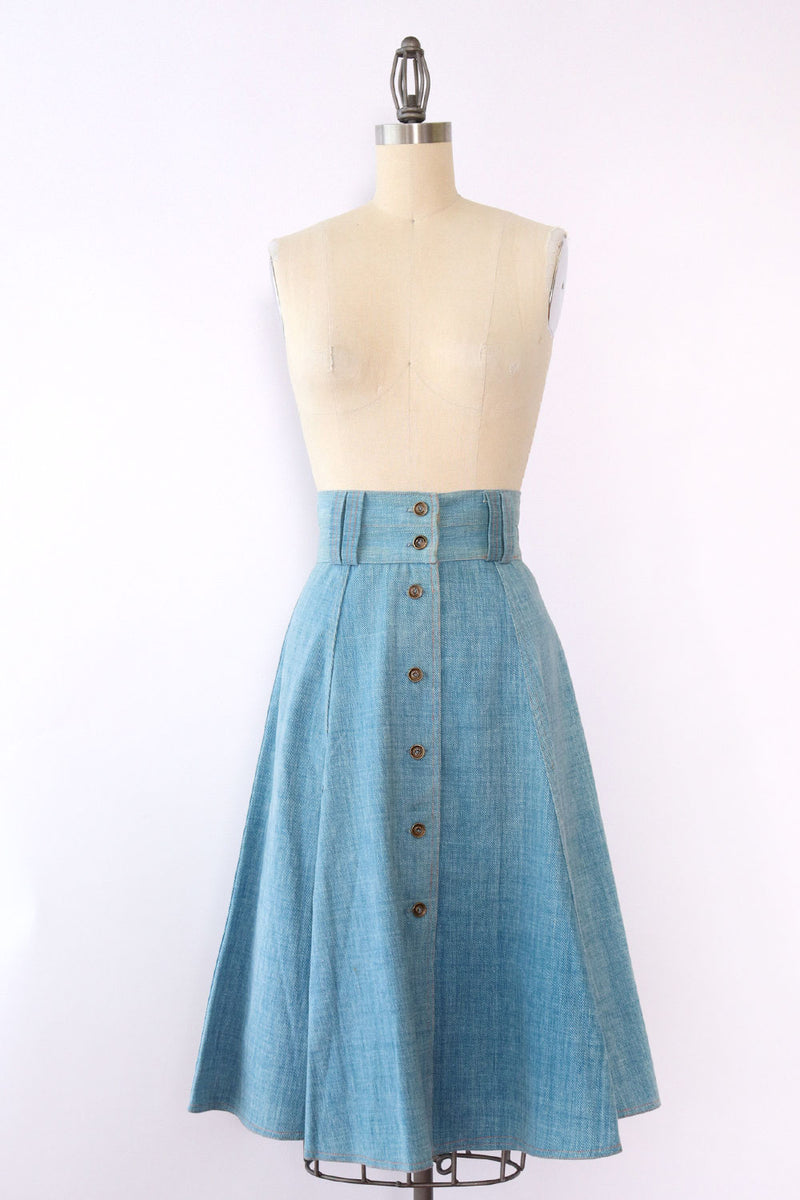 70s Wide Denim Flare Skirt S