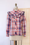 Red and Blue Plaid Ruffle Shirt M/L