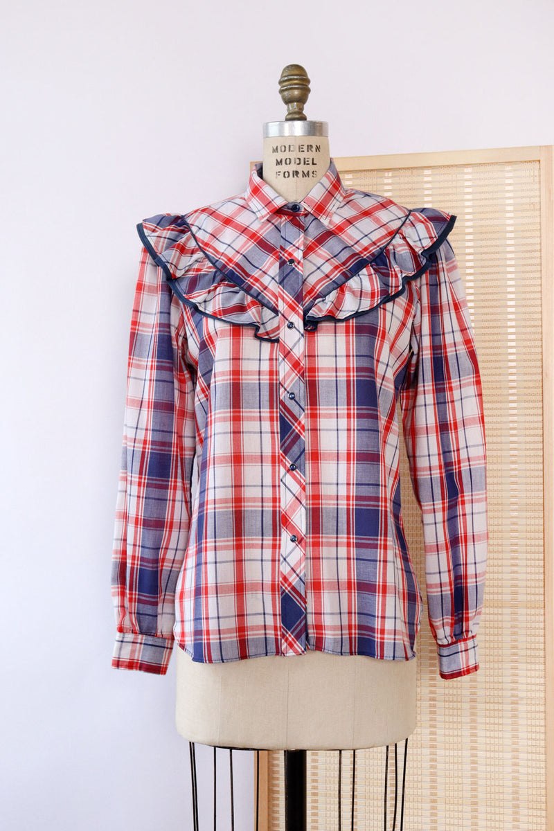 Red and Blue Plaid Ruffle Shirt M/L