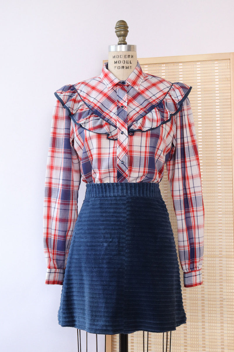 Red and Blue Plaid Ruffle Shirt M/L