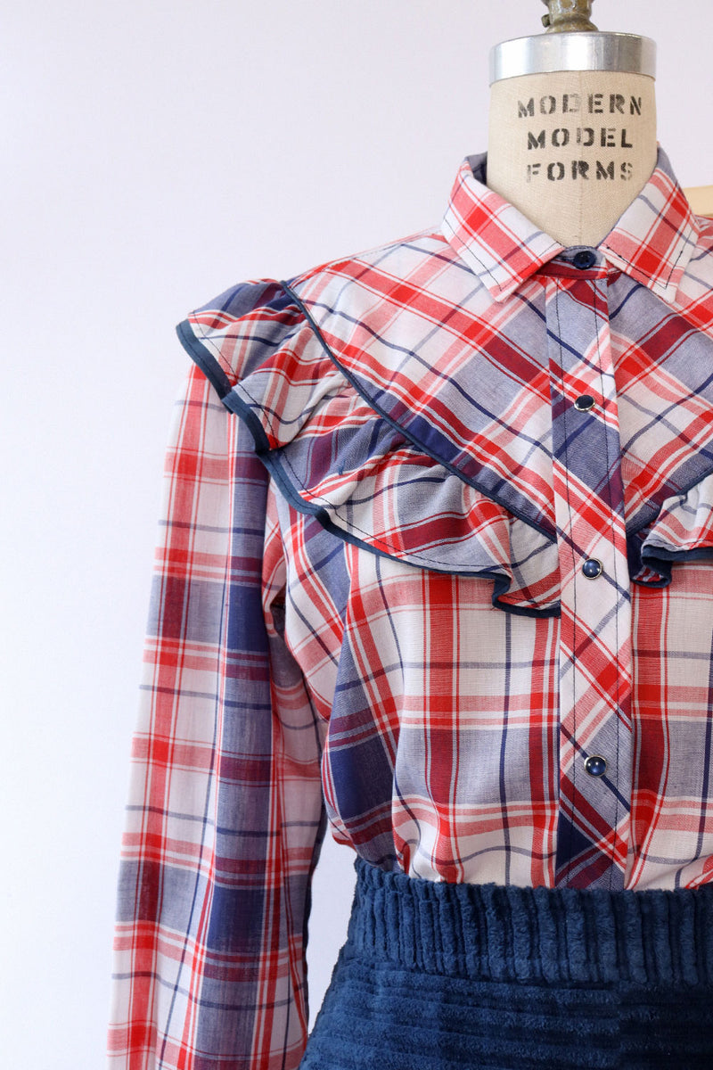 Red and Blue Plaid Ruffle Shirt M/L
