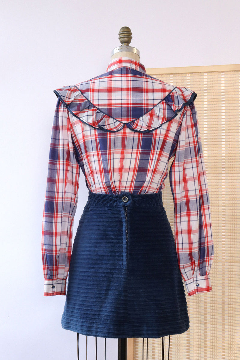 Red and Blue Plaid Ruffle Shirt M/L