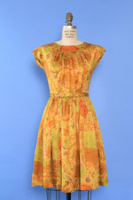 Golden Abstract Midcentury Silk Dress S