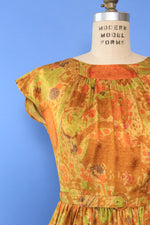 Golden Abstract Midcentury Silk Dress S