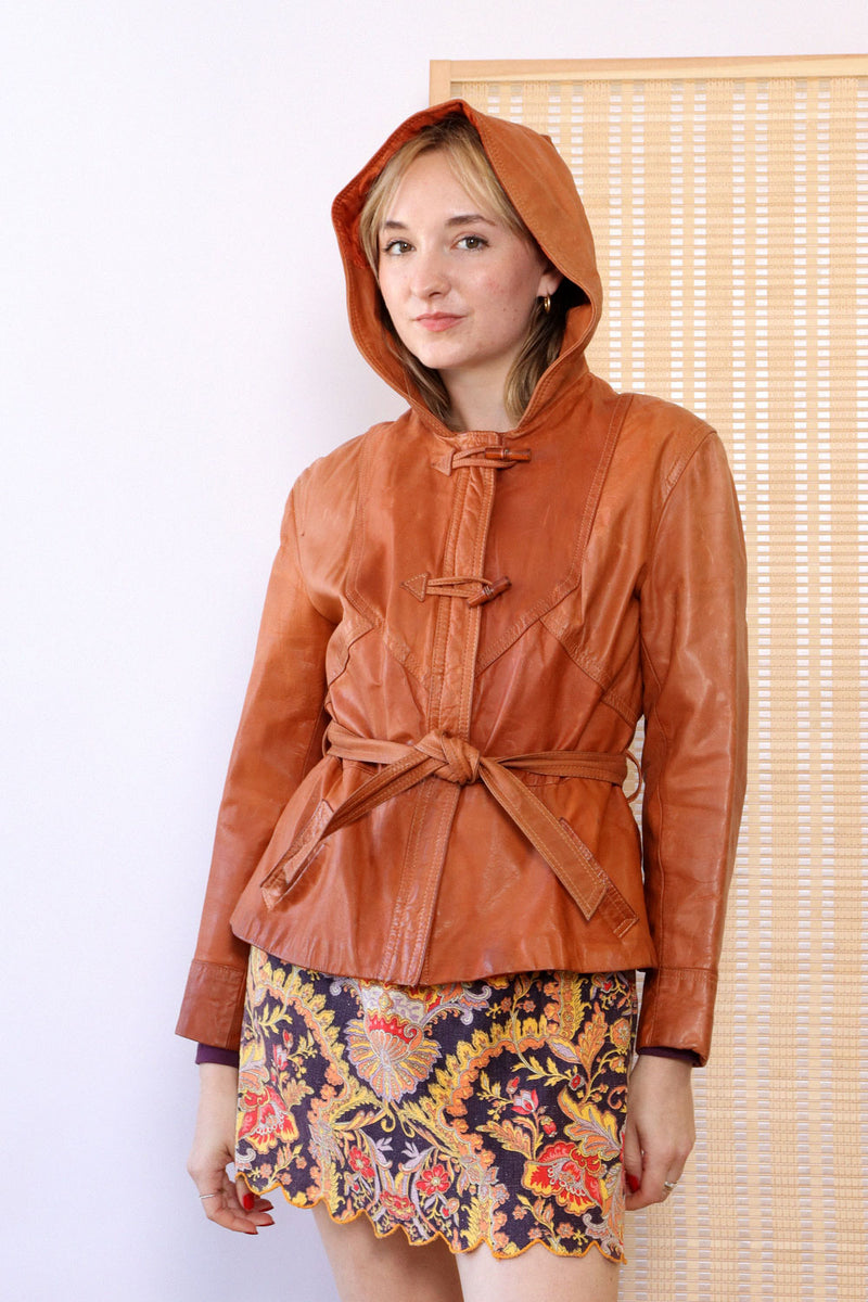 Pecan Hooded Leather Toggle Jacket XS/S