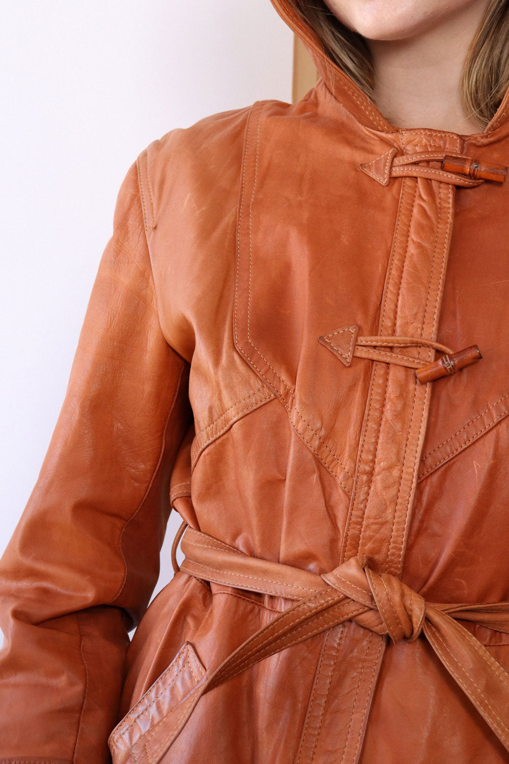 Pecan Hooded Leather Toggle Jacket XS/S