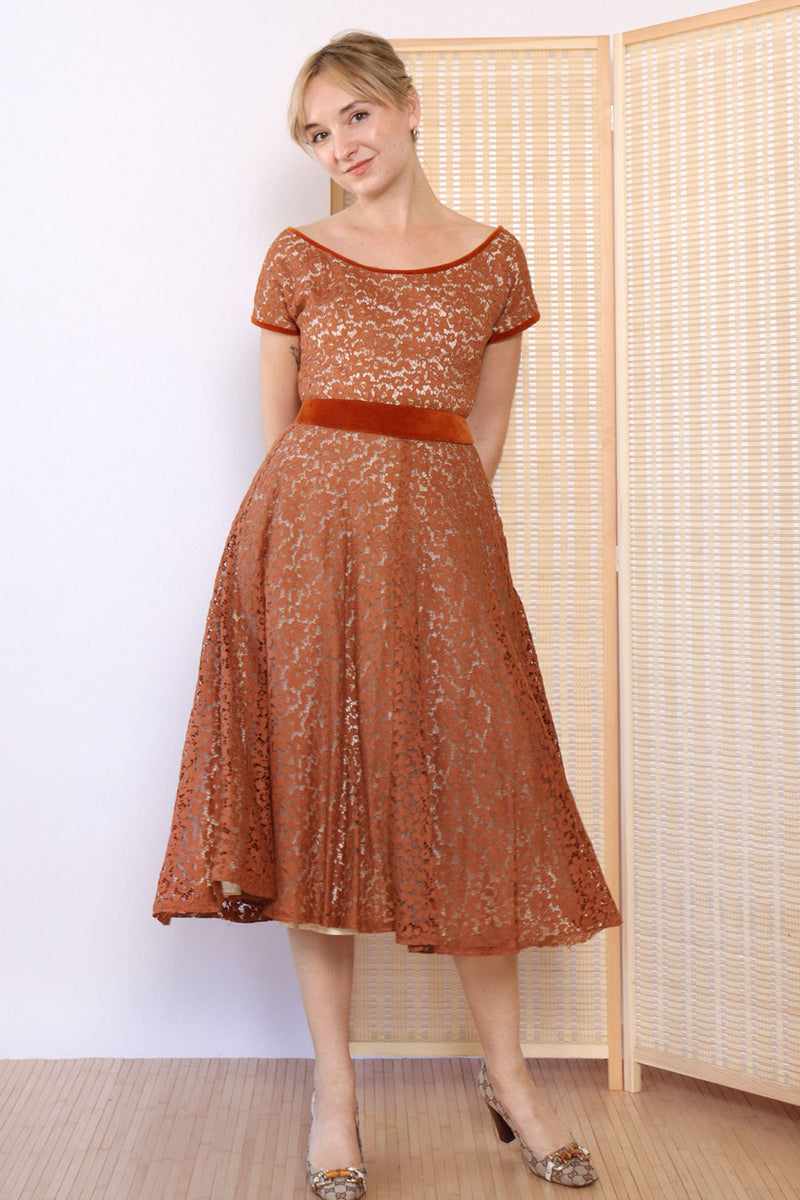 copper lace dress CUTWORK LACE TRIMMED HALTER MAXI DRESS Copper Penny